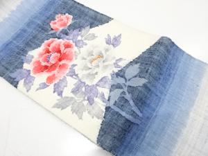 手織り真綿紬　牡丹模様織り出し　名古屋帯